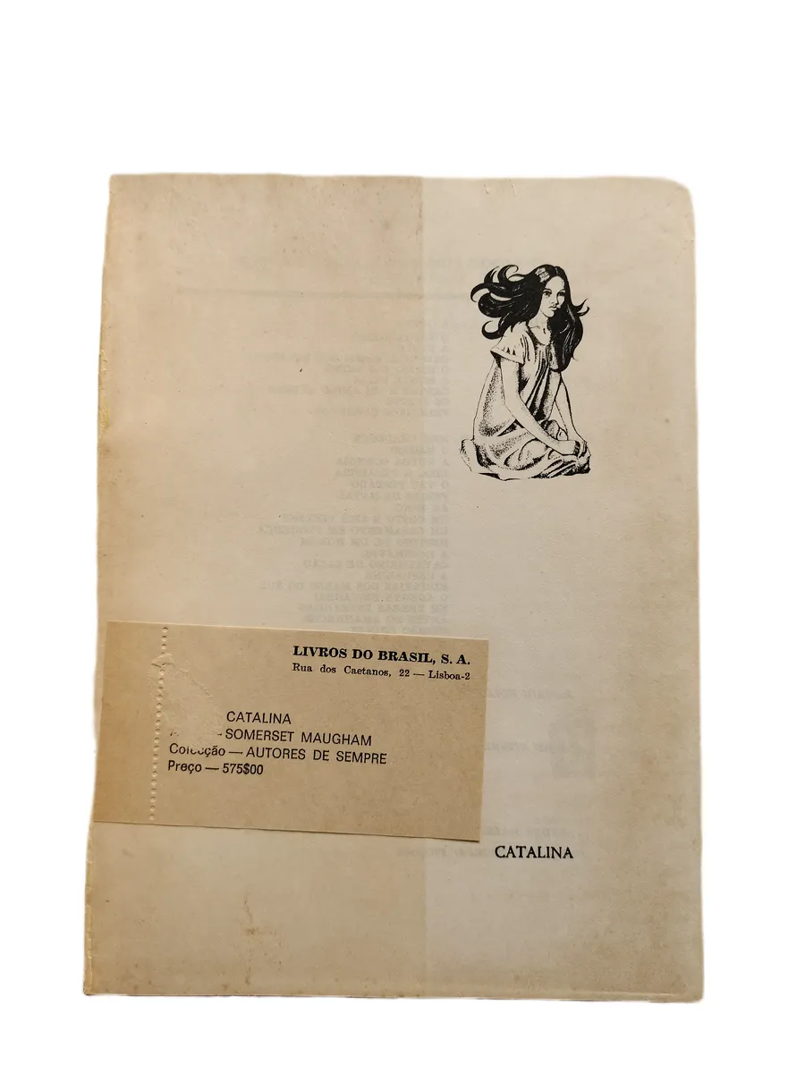 catalina w somerset maugham folha de guarda Folha de guarda do livro Catalina de W. Somerset Maugham, apresentando sinais de oxidação.