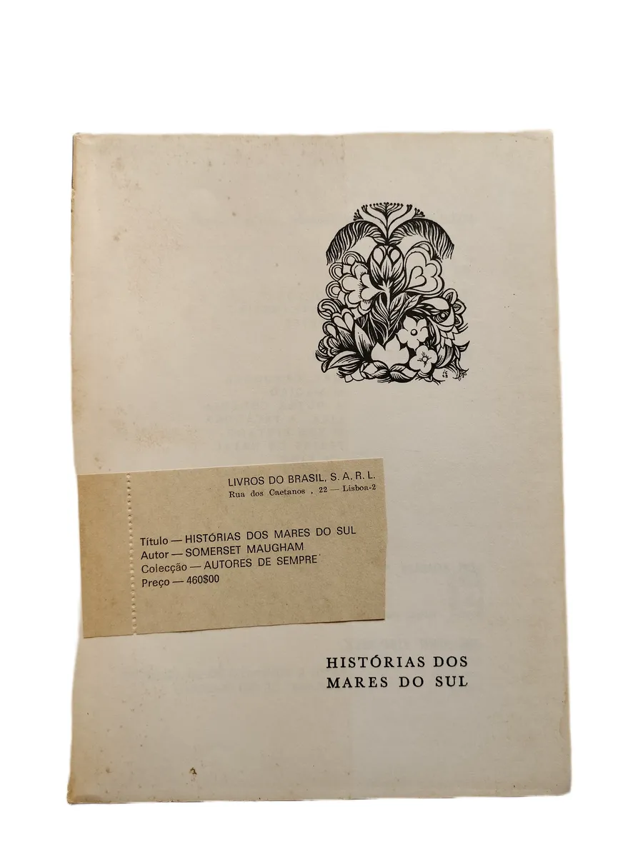 historias dos mares do sul w somerset maugham folha de guarda Folha de guarda do livro Histórias dos Mares do Sul de W. Somerset Maugham, apresentando sinais de oxidação.
