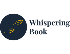 Logótipo circular azul escuro com ícone de folha dourada da Whispering Book.
