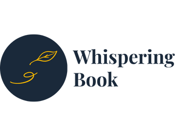 Logótipo circular azul escuro com ícone de folha dourada da Whispering Book.