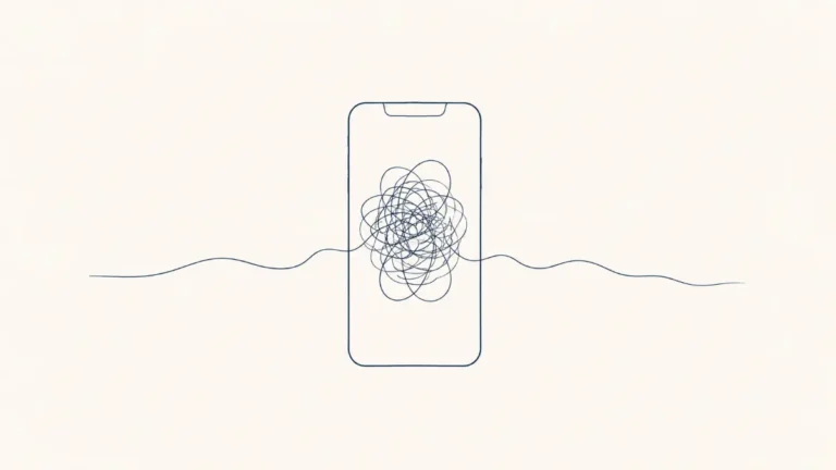 Ilustração minimalista de um telemóvel com caos interior, linha fina.