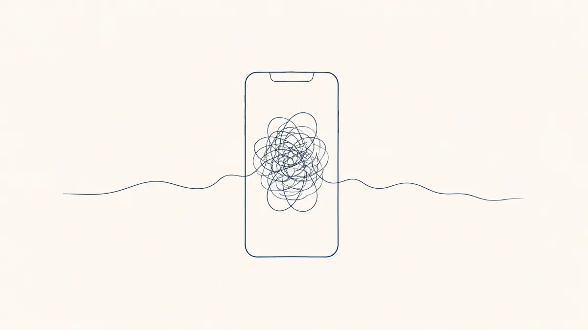 Ilustração minimalista de um telemóvel com caos interior, linha fina.