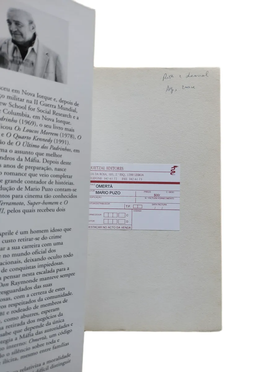 omerta mario puzo assinatura de posse Assinatura de posse do livro Omerta de Mario Puzo.