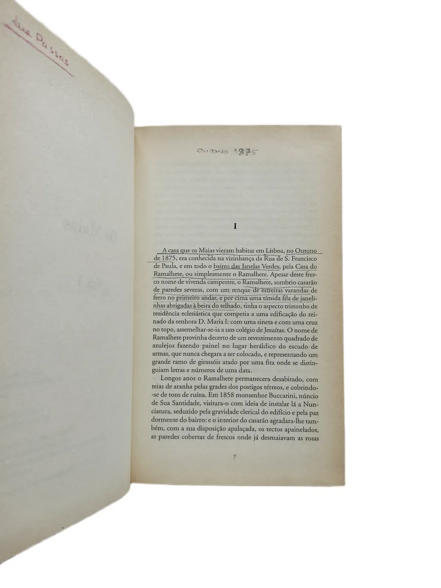 os maias i eca de queiros pagina Página sublinhada a lápis do livro Os Maias I de Eça de Queirós.
