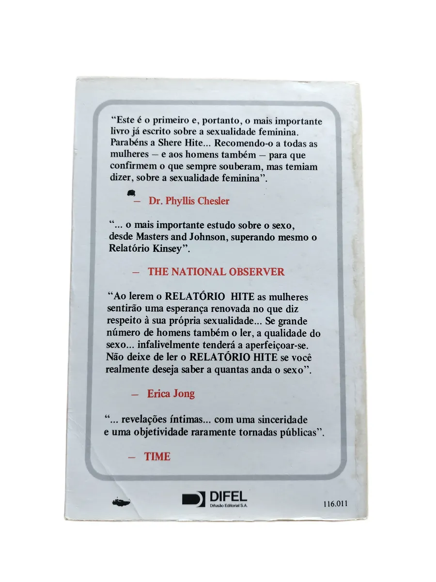 o relatorio hite shere hite contracapa Contracapa do livro O Relatório Hite de Shere Hite.
